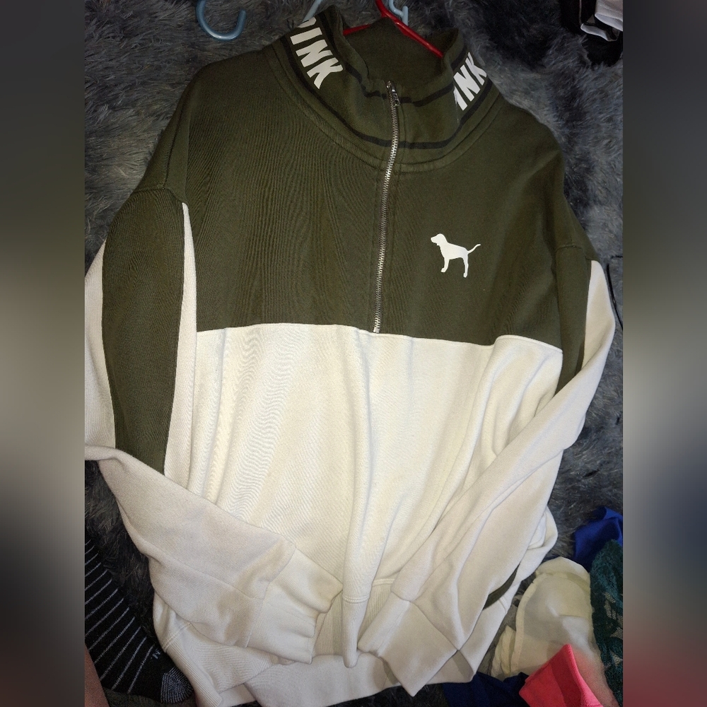 PINK Victoria's Secret Olive and White Zip Sweatshirt